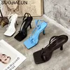 Heels Sandal Fashion Brand Sandals SUOJIALUN Gladiator Strap Flip Flops Sexy Thin High Heel Pumps Square Toe Shoes T