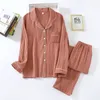 Women's Sleepwear spring and autumn pure cotton crepe cloth couple soft and breathable men long-sleeve simple home service women two piece set 230209
