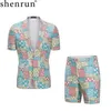 Męskie garnitury shenrun garnitur Summer Summer Short Rleeve Pants 2 sztuki moda szczupła dopasowanie swobodne hawaje plażowe bawełniane bawełnę