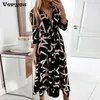 Casual Dresses 2022 Autumn Elegant Shirt Dress Women Knapp långärmad Tunic Midi Dress Ladies Office v Neck Print Party Dresses for Women T230210