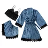 Dames Sleepwear 45# Vrouwen Pyjamas Sets 3 -delige Silk Satin Cami Shorts en Robe Set Soild Color Lace Hollow Out Home Suit Pajama