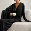 Women's Sleepwear Sexy Low Cut Fashion Pajamas Set For Women Loose Casual Long Sleeve Trouser Suits Solid Satin Silk Female Home Fitted Tops 2-Pce 230209