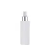 Empty Packing Plastic White Bottle Flat Shoulder PET 100ML 150ML 200ML Shiny Silver Ring Spary Press Pump With Clear Lid Portable Refillable Container Packaging