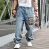 Men's Jeans 2023 Large Size Loose Straight Men Denim Pants Baggy Camouflage Patch Hip Hop Skateboard Light Blue Wide Leg Trousers