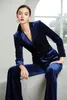 Celebrity Tailored Women Pants Suits Navy Blue Velvet Prom Party Wear Blazer For Wedding Wide Leg 2 Pieces