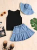 Kläder sätter sommar barnkläder set för barn flickor kostym ärmlös topp denim pleated kjol set med hatt outfits baby flickor kläder w230210