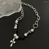 Pendant Necklaces Girl Women Stainless Necklace Clavicle Sweater Chain Beautiful Black Cross W/ White Beads Design Art Accessories