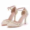 Wedding Bridal Shoes Pointed Toe White Ivory Pearl Ankle Straps Bride Dress Shoes Summer Sandals Lady Party High Heels