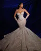 Luxury Pearl Mermaid Wedding Dress Tailored Beading Spaghetti Straps Lace Bridal Gowns Ruffles Sweep Train Bride Dresses