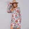 Casual Dresses Boho Floral tryckt för kvinnor Autumn Loms Long Sleeve O-Neck A-Line Mini Dress with Pocket Beach Party