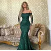 2023 Dark Green Prom -klänningar från axeln Långa ärmar Spets Applique pärlstav glittrande paljetter Anpassade kvällsklänning Formell OCN Wear Vestidos Plus Size 401 401