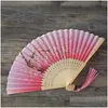 Fans Ombrelloni Mix Colore Stile cinese Seta Matrimoni a mano Fiore stampato Farfalla Manico in legno Puntelli da ballo per matrimoni con nappe Dh6Ps