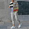 Gym Clothing 2 Pieces Sets Tracksuit Men Brand Autumn Winter Sweatshirt Drawstring Pants Male Stripe Patchwork Oversized