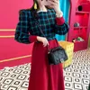 Casual jurken Misschien u dames marineblauw rood vintage vierkante kraag lange mouw plaid patchwork button hit kleur midi drees herfst veer