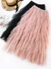 Jupes Mode Tutu Tulle jupe femmes longue Maxi jupe printemps été coréen noir rose taille haute jupe plissée femme 230209