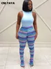 Женские брюки Capris cm.yaya Streetwear Rainbow Rainbow Litsed Trint Ribed Buched Flare Legging Bints Ins Active Sport Растяжение с высокой талией. Брюки 230209