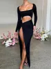 Casual Dresses Sexy Hollow Out High Split Maxi Dress for Women Robe 2023 Autumn Full Sleeve Ruched Club Party Long Vestido