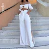 Kvinnors tvåbitar byxor Wefads Set Summer Casual Off Shoulder Puff Sleeve Cutout Backless Top Loose Wide Ben Lace Up Slits For Women 230209