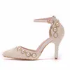 Wedding Bridal Shoes Pointed Toe White Ivory Pearl Ankle Straps Bride Dress Shoes Summer Sandals Lady Party High Heels