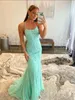 Mint Green Lace Mermaid Bridsmaid Dresess Sexy Cross Cross Cross Backless Spaghetti Apliques longos e noturnos vestidos de baile mulheres vestidos formais BC15148