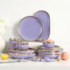 Plates Purple Porcelain For Dinner Set Dishes Salad Soup Bowl Ceramic And Bowls Service 2/4/6/8 Person