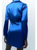 Sukienki na zwykłe Yenkye Fashion Women Blue Ningated Satin Sukienka z długim rękawem kołnierz klapowym