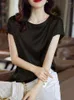 Women's T Shirts Silk Thin Short Sleeve Tees Korean Style O-Neck Woman Summer Clothes Elegant Black Brown Tops Solid Loose Casual Size 4XL