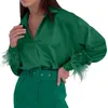 女性のTシャツ女性Sブラウスの羽の装飾長い袖のデザインボタン閉鎖ルースフィットカジュアルシャツトップ