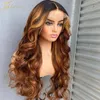 Ombre Honey Blonde Pre -Stucked HD Transpirunt Body Fave Frontal Human Hair Peruki dla czarnych kobiet Podkreśla niewidzialne zamknięcie