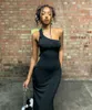 Casual Dresses Women's Gothic Black One Shoulder Long Dress Sleeveless Backless High Split Sling Celebrity Party Prom