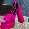 Hot pink Aevitas double platform satin sandals ankle strap side buckle chunky block high Heels square open-toe women's Luxury Designer shoes Evening factory footwear