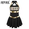 Cheerleading Kids Girls Cheerleading Costume figurino sem mangas Carta impress￣o de retalhos de retalhos vestido de dan￧a para l￭deres de torcida de l￭der de l￭der de dan￧a performance 230210