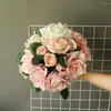 Dekorativa blommor konstgjorda 6heads rosor gäng falsk bröllop bukett brud hand hålla ros hem dekoration blommig krans