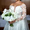 2023 Luxury African A Line Wedding Dress Mermaid Bridal Gowns With Detachable Train Overskirts Off The Shoulder Long Sleeves Lace Appliqued Crystal Pearl Beading