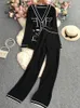Calças de duas peças femininas Solid Multi Pocket Knit Sweater Suits Single Bastested Caats com lactas casuais de pernas largas, roupas de mulher 230209