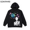 Men's Hoodies Sweatshirts GONTHWID Hip Hop Hoodie Sweatshirt Streetwear Earth Skeleton Print Punk Gothic Hooded Winter Harajuku Cotton Pullover Black 230209