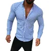 Erkekler Sıradan Gömlek Moda Erkek Gömlek Uzun Kollu İnce Çizgi Çizgi Düğmesi Üst Erkek Dönüş Yaka düğmeleri