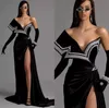 2023 robes de soirée en velours noir balayage train hors de l'épaule sirène robes de bal haute fente perles robes formelles Cele J0210