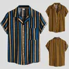 Men's T Shirts Male Blouse Stripe Sleeve Short Print Turndown Casual Shirt Button Collar Men Mens Big Tall Formal