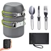 Cuisine de camp Kit de vaisselle de camping en plein air Ensemble de batterie de cuisine en plein air Cuillère pliable Fourchette Couteau Bouilloire Tasse Matériel de camping Fournitures 1-2 personnes 230210