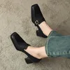 Klädskor 2023 Spring Women Square Toe High Heels Cotton Tygy Chunky klackpumpar Retro Litterbälte spänne för