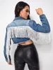 Women Fringe Jackets Slim Lapel Neck Crop Denim Jacket Tassel Casual Button Front Jean Jackets Short