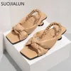 New Slip Summer Women On 2022 Sandals SUOJIALUN Shoes Fashion Bow-knot Square Toe Casual Slides Low Heel Ladies Dress Sandal Shoe T230208 11