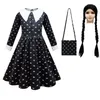 Girls Dresses Fashion Kids Movie Wednesday Addams Cosplay Princess Dress and Wig Bag Set Girl Halloween Costume Carnival Gothic Black Clothes 230210