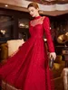 Runway Dresses Burgundy Tulle Hollow Out Wedding Party Dresses for Women Modest Tea Length A Line Evening Cocktail Prom Gown Formal Vestidos 230210