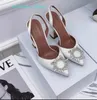 Amina Muaddi Bayan sandalet deri taban tasarımcı yüksek topuklu 10 cm siyah pembe elmas zincir dekorasyon ziyafet kadın ayakkabı ipek düğün seksi resmi terlik kutusu ile