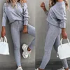 Women's Two Piece Pants 1 Set Simple Slanted Neck Blouse Lace-up Lady Pullover Pure Color Top For Running
