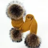 Berets Parent-Child Winter Hats Cute Baby Fur Pompon Hat Scarf Sets Real Natural Ball Caps Mother Kids Warm Knitted Bea