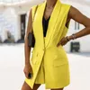 Women's Suits Summer Women Blazer Vest Sleeveless Single Button Flap Pockets Mid-Length Fashion Solid Color Lapel Office Suit Waistcoat