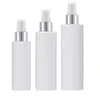 Empty Packing Plastic White Bottle Flat Shoulder PET 100ML 150ML 200ML Shiny Silver Ring Spary Press Pump With Clear Lid Portable Refillable Container Packaging